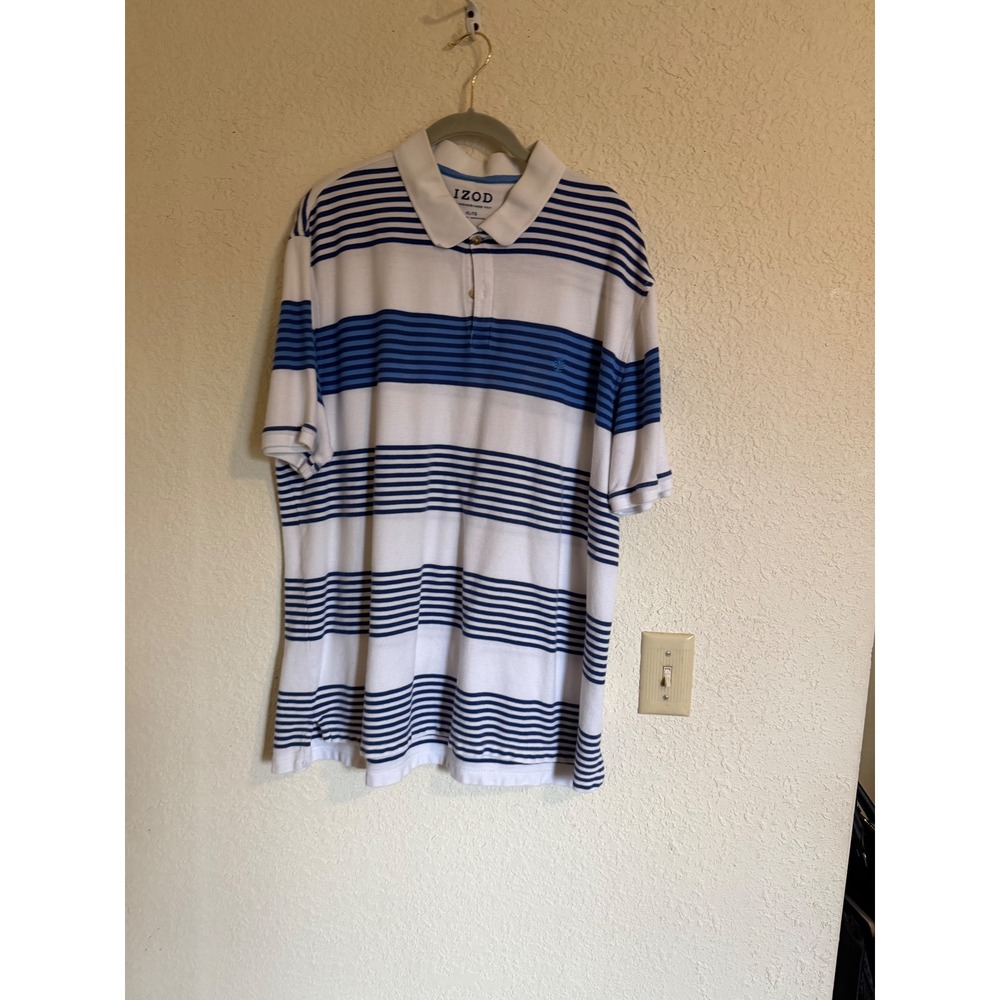 IZOD Advantage Polo Mens XL White Blue Striped Short Sleeve Cotton Golf Preppy - Picture 10 of 11